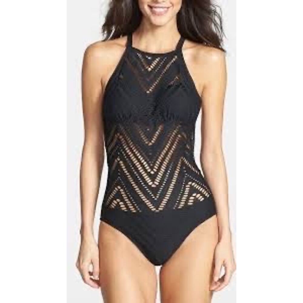 Robin Piccone 'Raquel' Portrait Back One-Piece Swimsuit Size 6 in Black - Picture 3 of 14